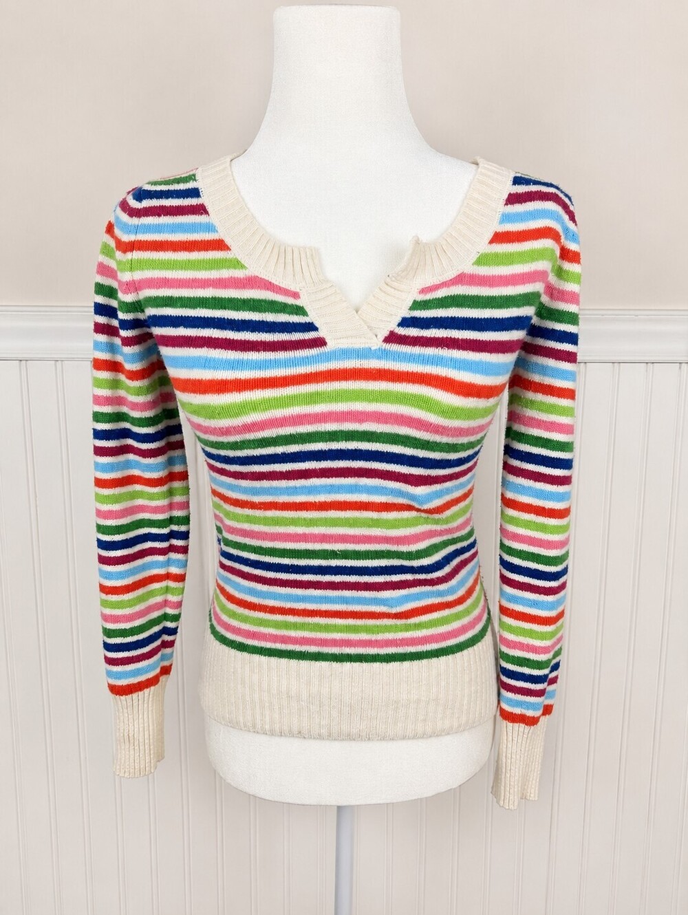 Aeropostale Rainbow Striped V-Neck Long Sleeve Sweater